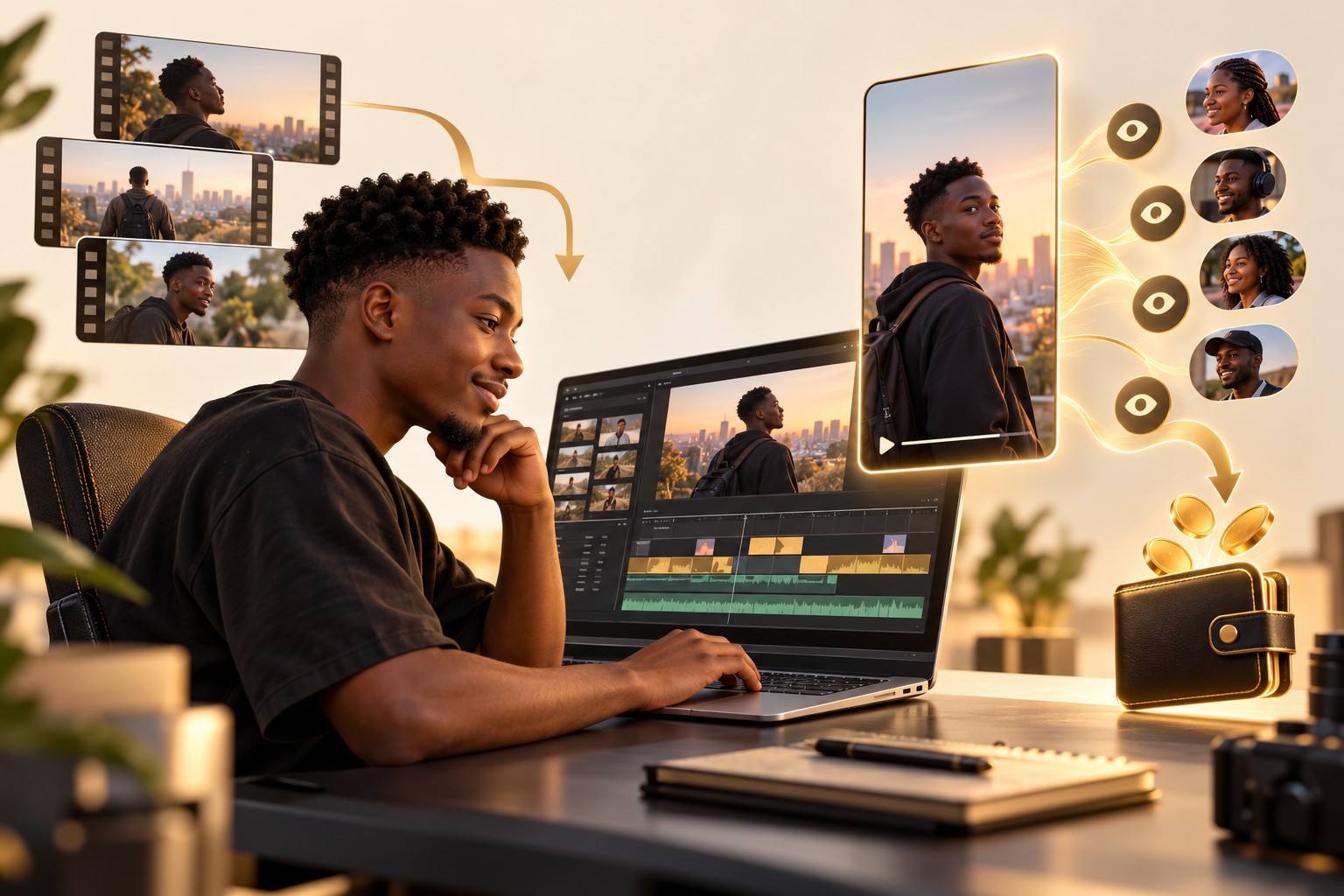 A video creator editing footage into short social clips and earning from views